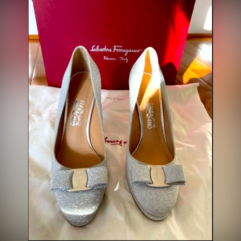 Selling Salvatore Ferragamo in metallic silver perfect for party